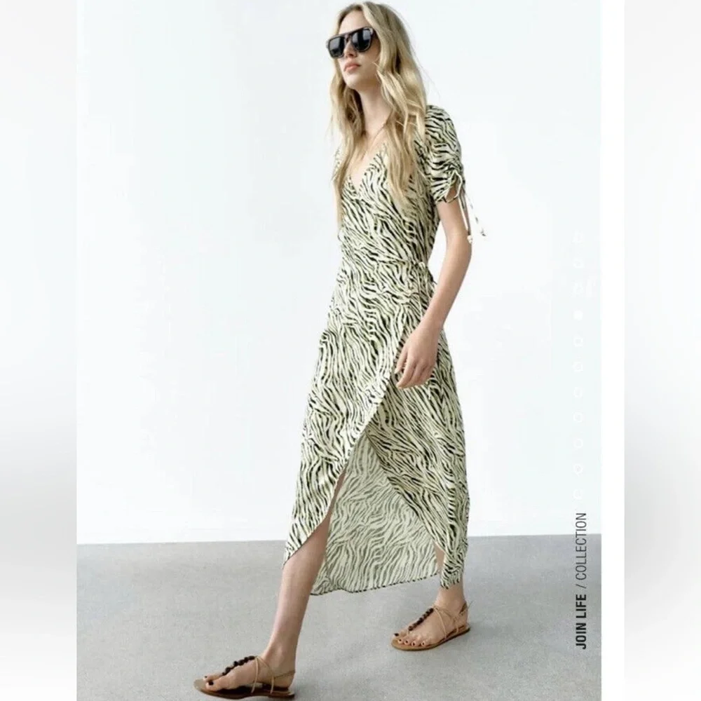 ZARA Animal Print Wrap Dress ECRU/KHAKI - Picture 6 of 13